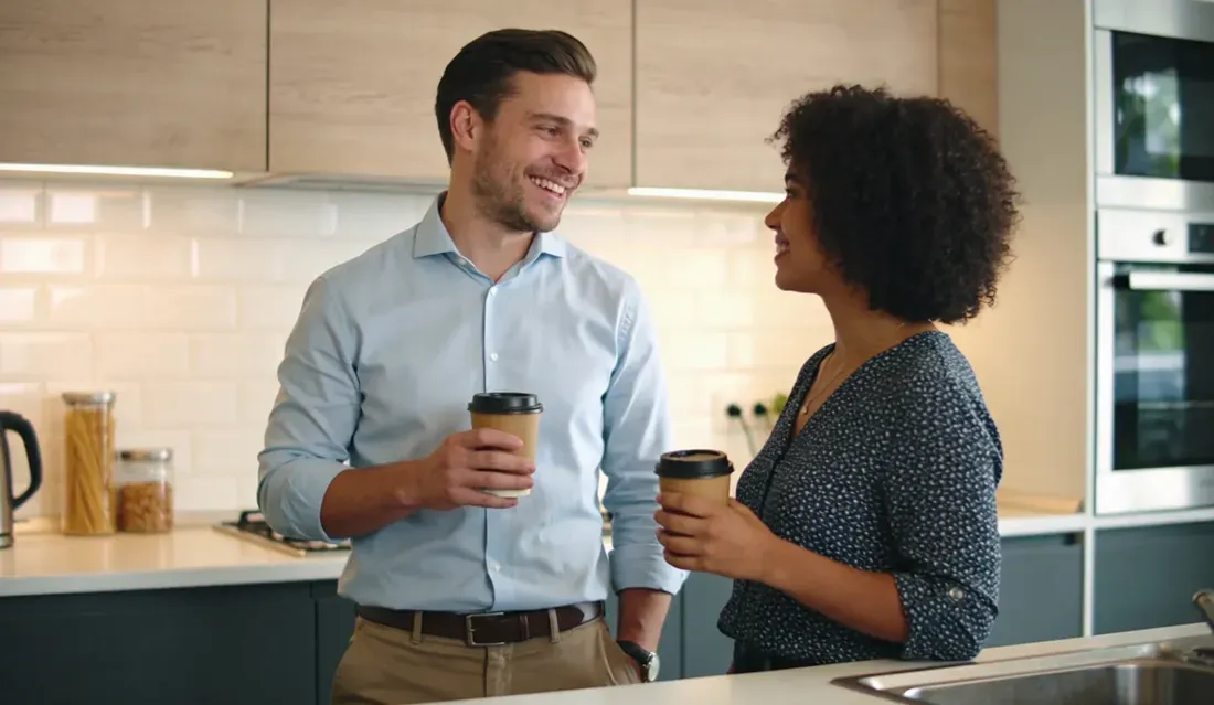 Deux personnes souriantes dans une cuisine, un café à la main